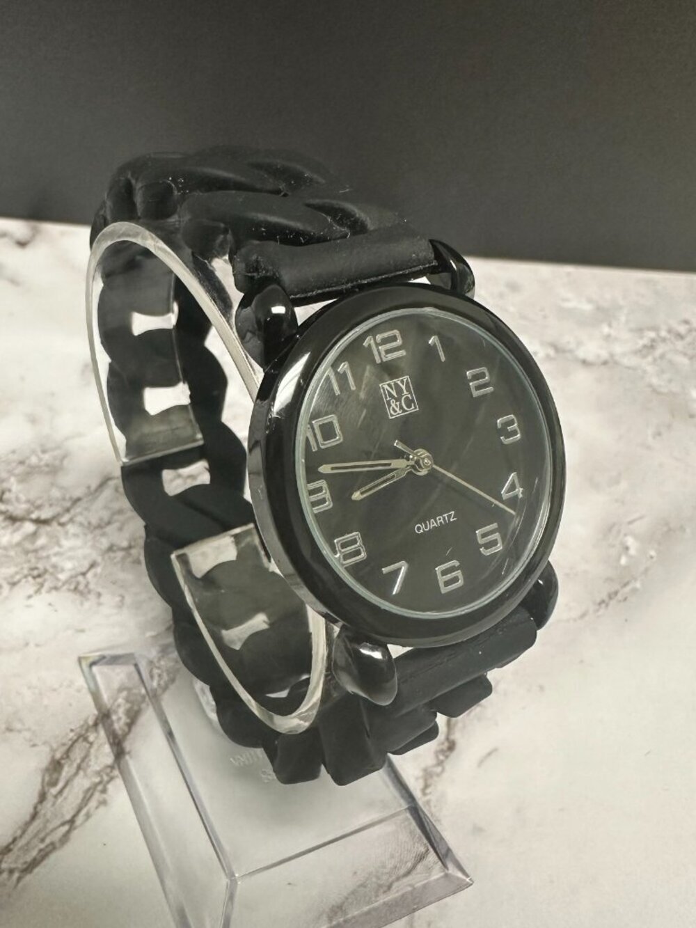 3/$30 New York & Company Watch Women Silver Tone Black Chunky Stretch Band